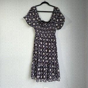 Lauren Conrad Small Midi‎ Dress Smocked Navy Floral Puff Sleeve Cottage Delicate